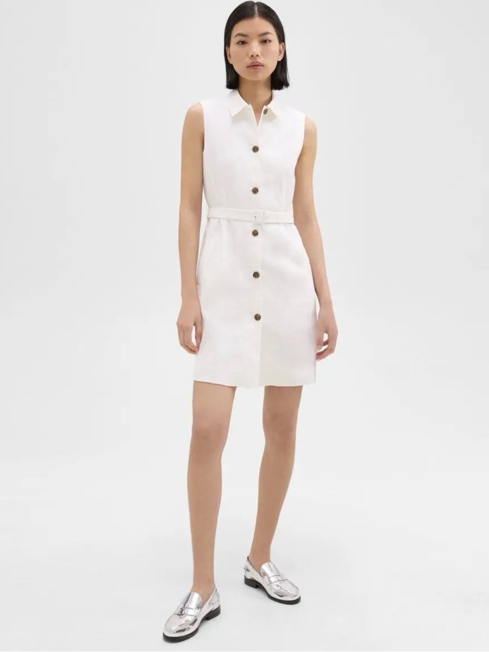 Theory 6 “Good Linen” Button Front Belted Military Dress Sleeveless Classic Eco